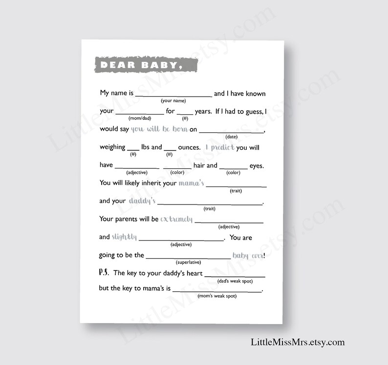 Dear Baby Printable Baby Shower Mad lib Game A Letter To Etsy