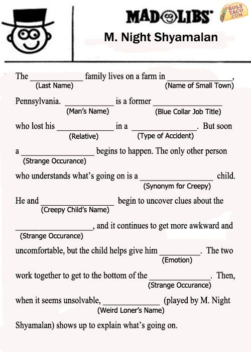 Mad Libs M Night Shyamalan Elementary Writing Mad Libs For Adults
