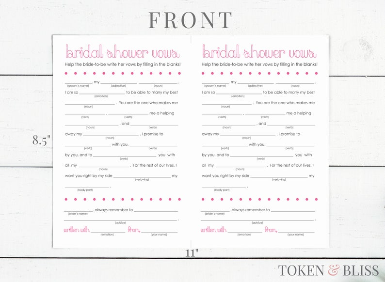 Printable Funny Wedding Vows Mad Libs For Bridal Shower Etsy