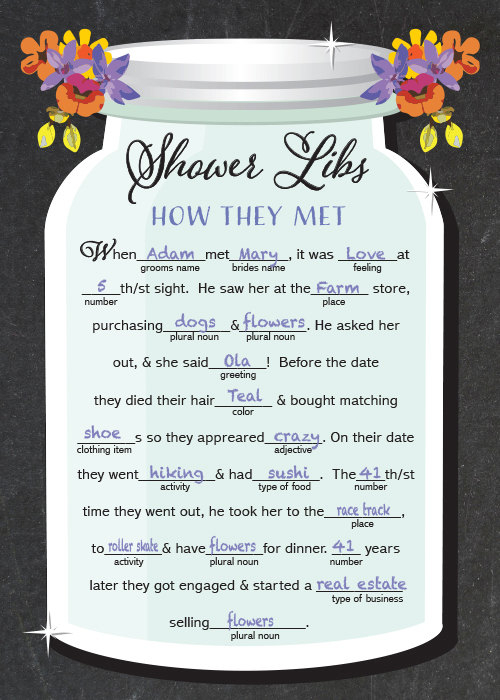 Mason Jar Funny Bridal Shower Mad Lib Game 5x7 Printable Wedding 