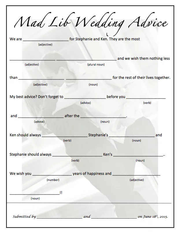 Wedding Advice Wedding Mad Libs Wedding Advice Wedding Printables
