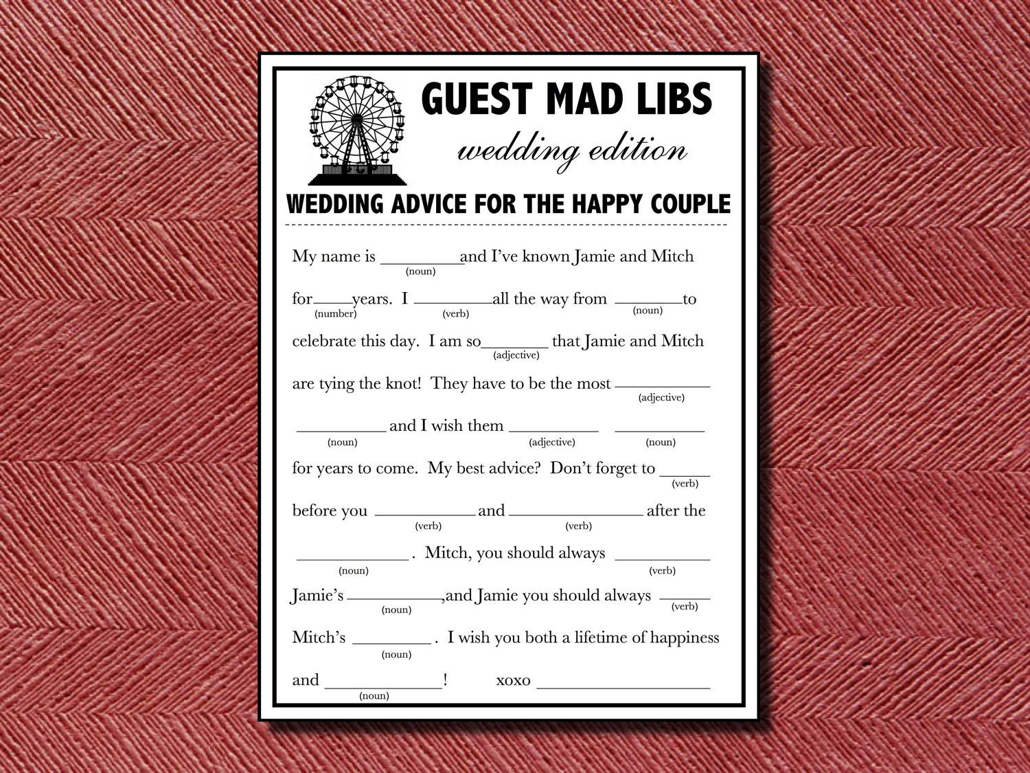 Wedding Guest Book Alternative Do It Yourself Guest Mad Libs Wedding
