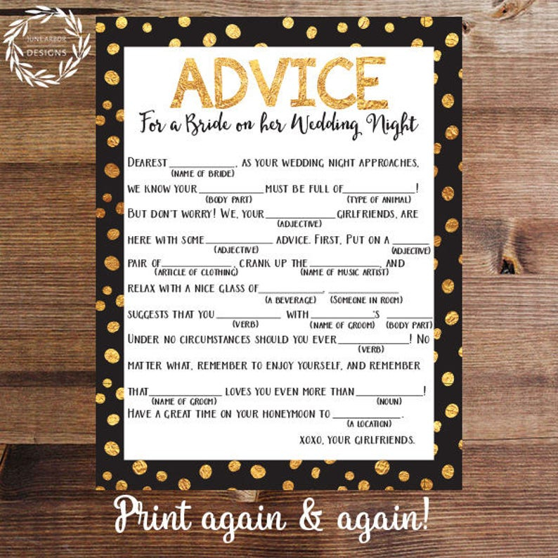 Wedding Night Mad Lib Bachelorette Party Printable Game Etsy