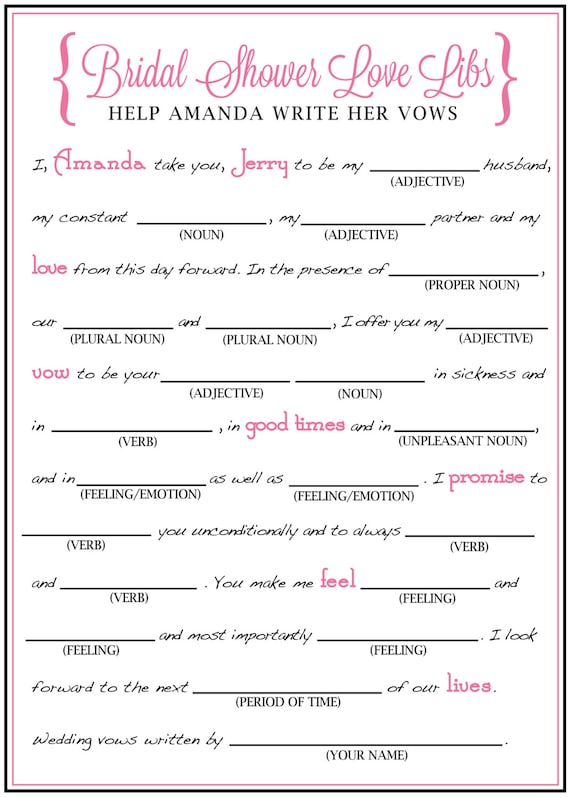 Bridal Shower Mad Libs Funny Write Your Vows