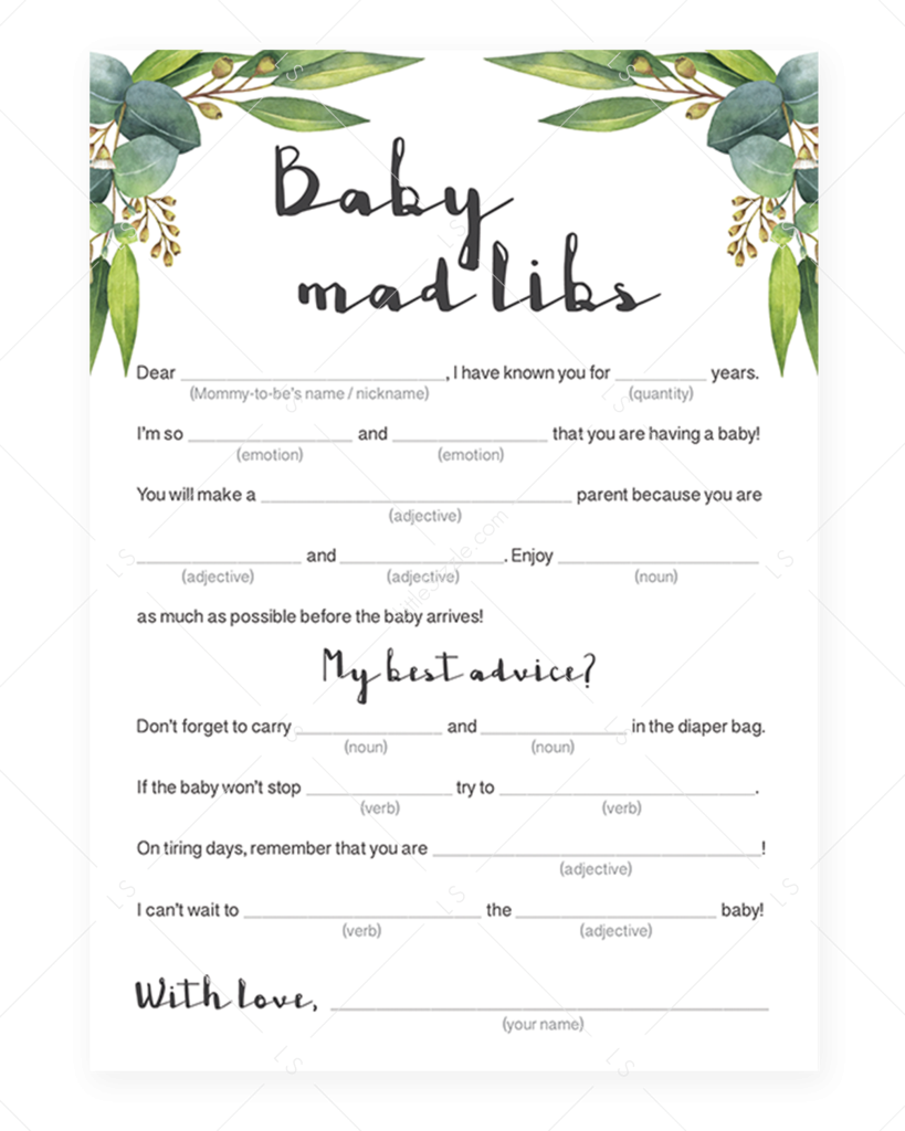 Mad Libs For Baby Shower Game Printable With Eucalyptus Leaves 
