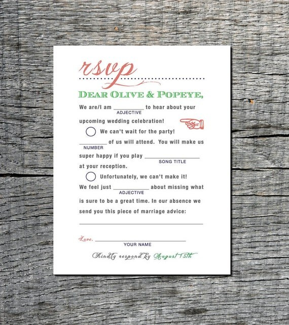 Mad Libs Wedding RSVP Postcard Wedding Madlibs Rsvp Card