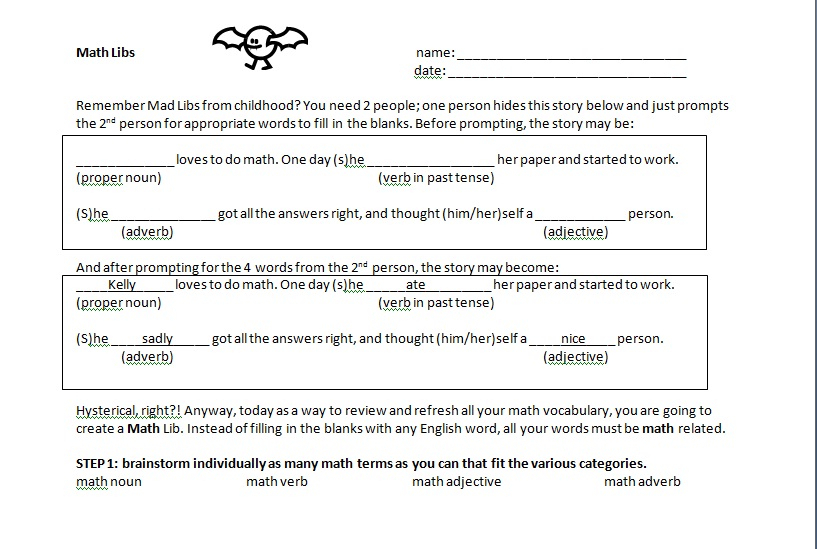 Math Teacher Mambo Math Libs Printable Mad Libs