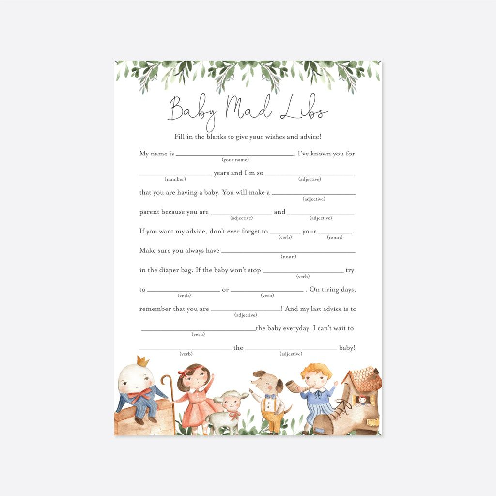 Nursery Rhymes Baby Shower Mad Libs Printable In 2022 Nursery Rhyme 